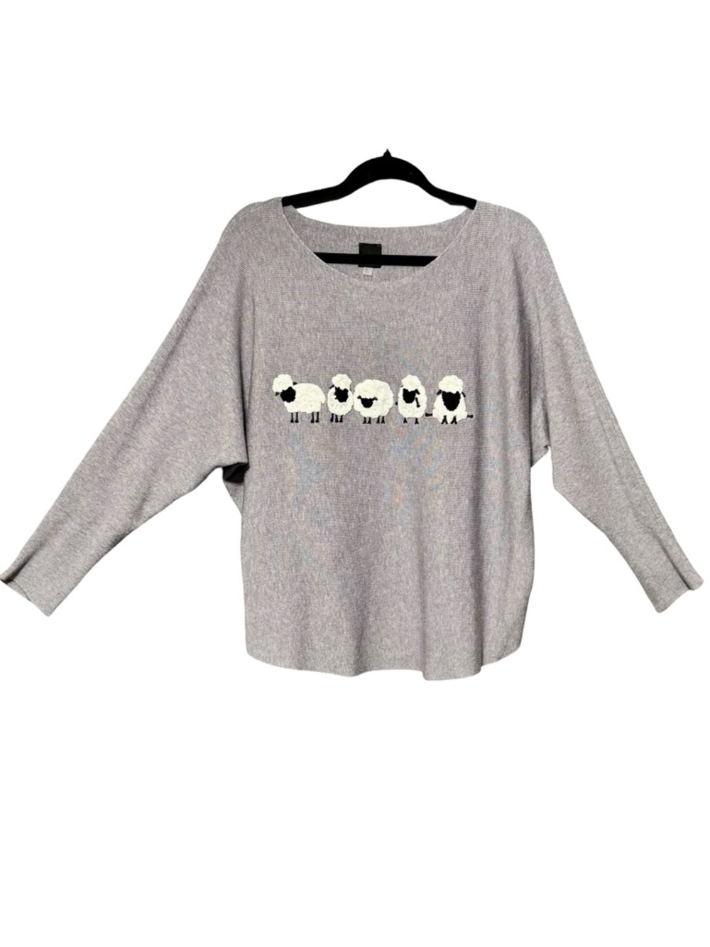 Aaeda Gray Sheep Appliqué Embroidered Soft Dolman Sleeve Cottagecore Sweater